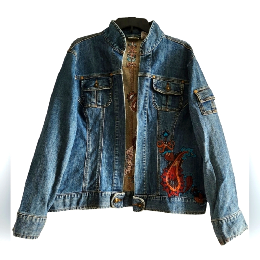 Chico's Women's Paisley Embroidered Jean Jacket Size 3